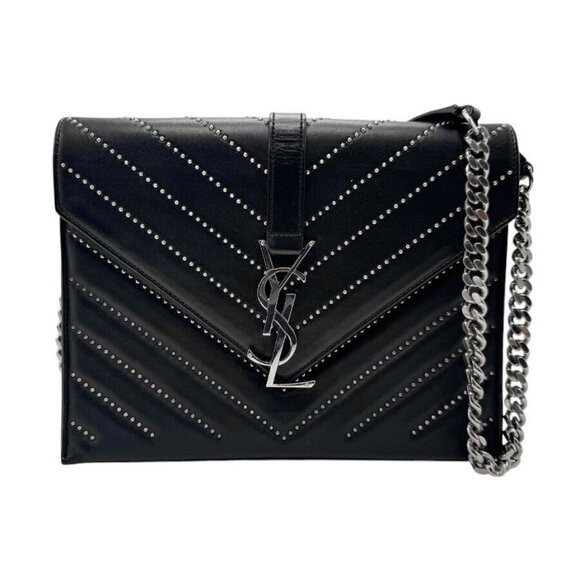 Auth SAINT LAURENT Chain Shoulder Bag Black Leather/Silvertone - z2693 - Picture 1 of 15